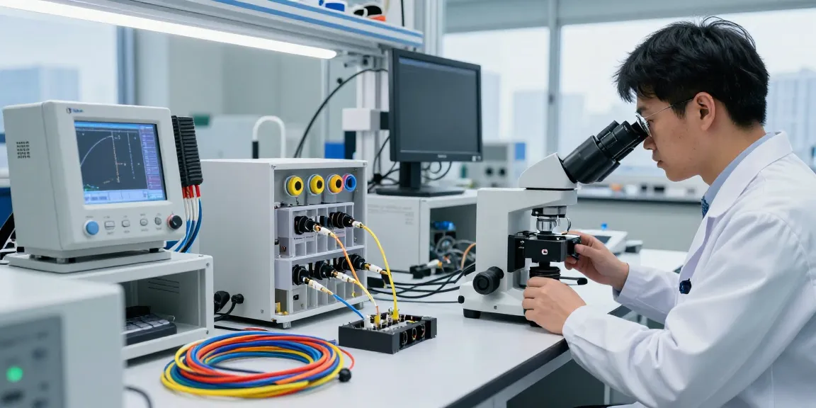 Technician examining fiber optic cable in a modern lab setting.