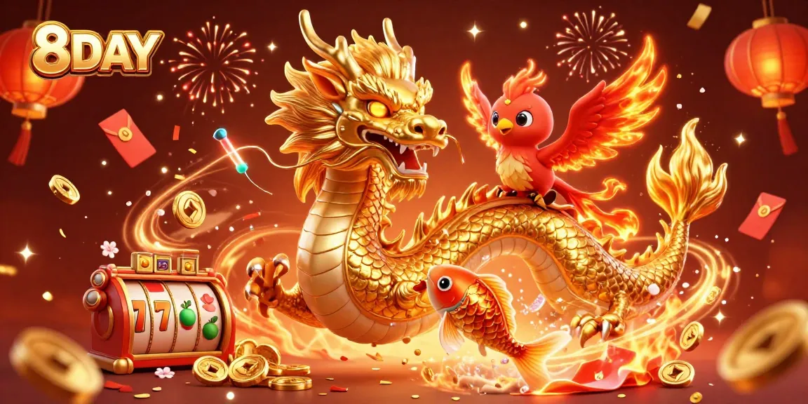 8DAY captivates players with a vibrant illustration featuring a golden dragon amid exciting casino elements and festive decor.