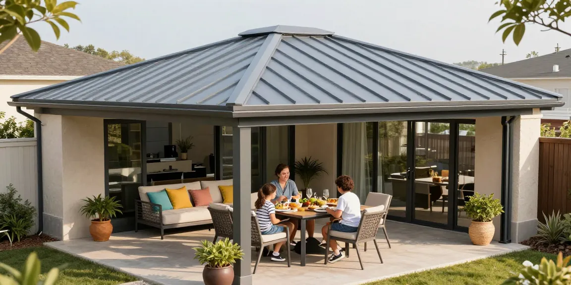 Terrassenüberdachungen in einem einladenden Außenbereich mit Familienessen und modernem Möbeldesign.