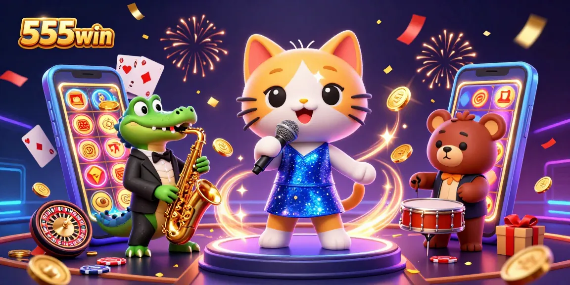 Experience the thrill of 555win with a vibrant 3D casino scene featuring lively characters and interactive game elements.