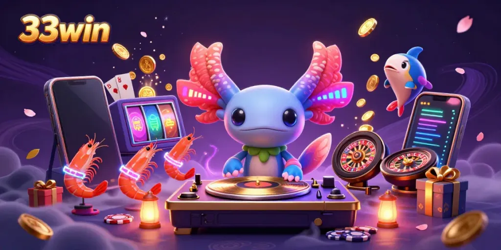 Experience exhilarating gaming with 33win's vibrant underwater casino scene featuring colorful characters.