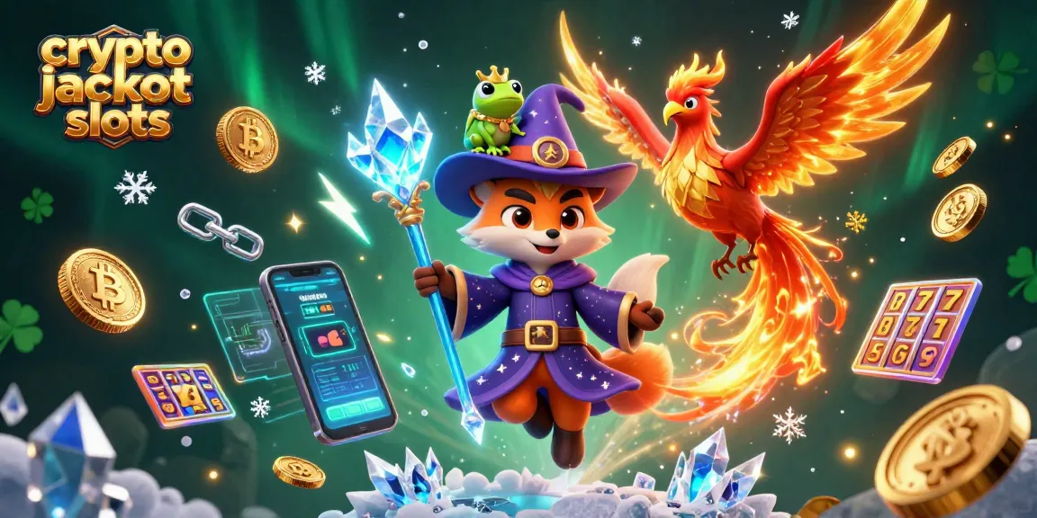 Experience the thrill of crypto jackpot slots with an exciting 3D fantasy scene featuring a wizard fox, phoenix, and crypto elements.