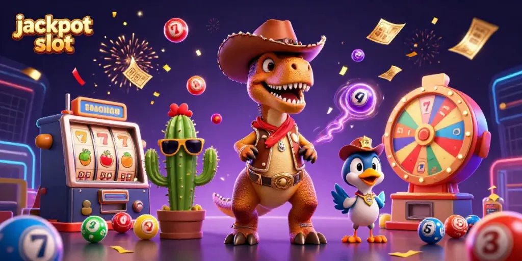 Experience jackpot slot excitement with a dynamic scene featuring a cowboy dinosaur and gaming elements.