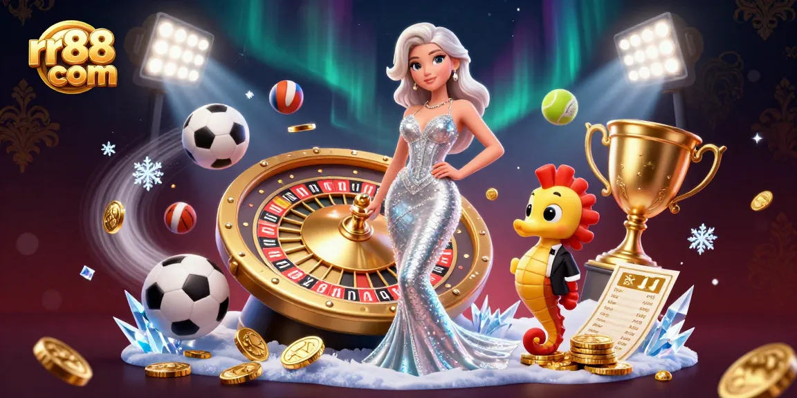 Win big with rr88 com, featuring a glamorous casino scene with a roulette wheel and vibrant game elements.