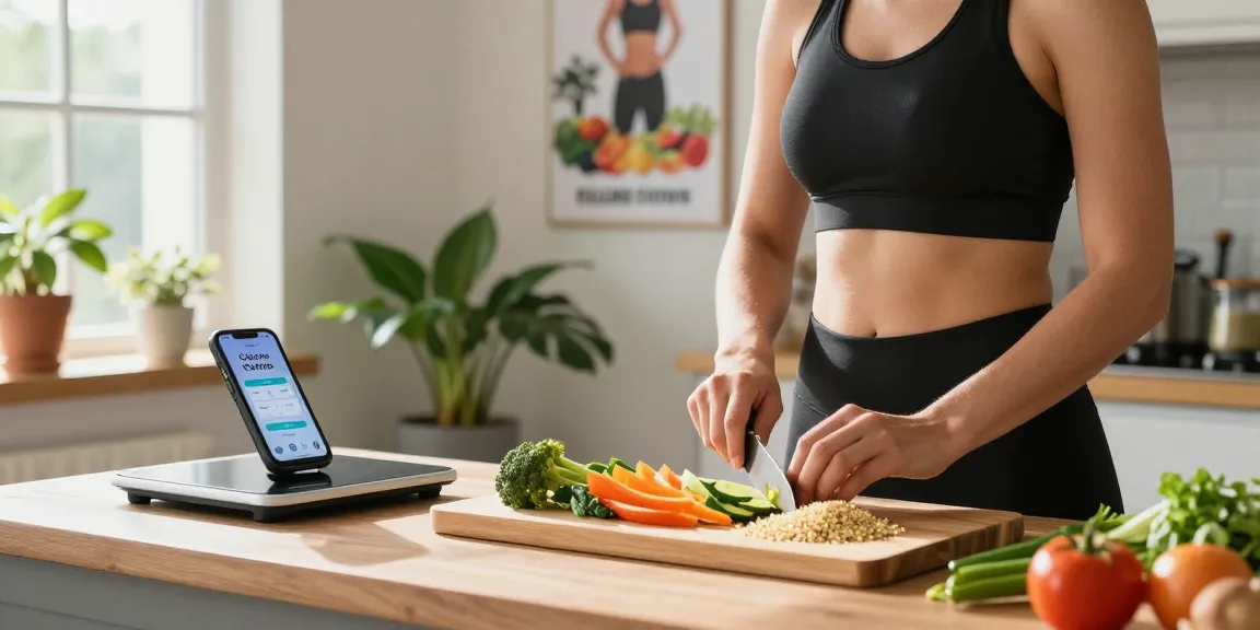 Preparing healthy meal while using the best calorie tracker app in a bright kitchen