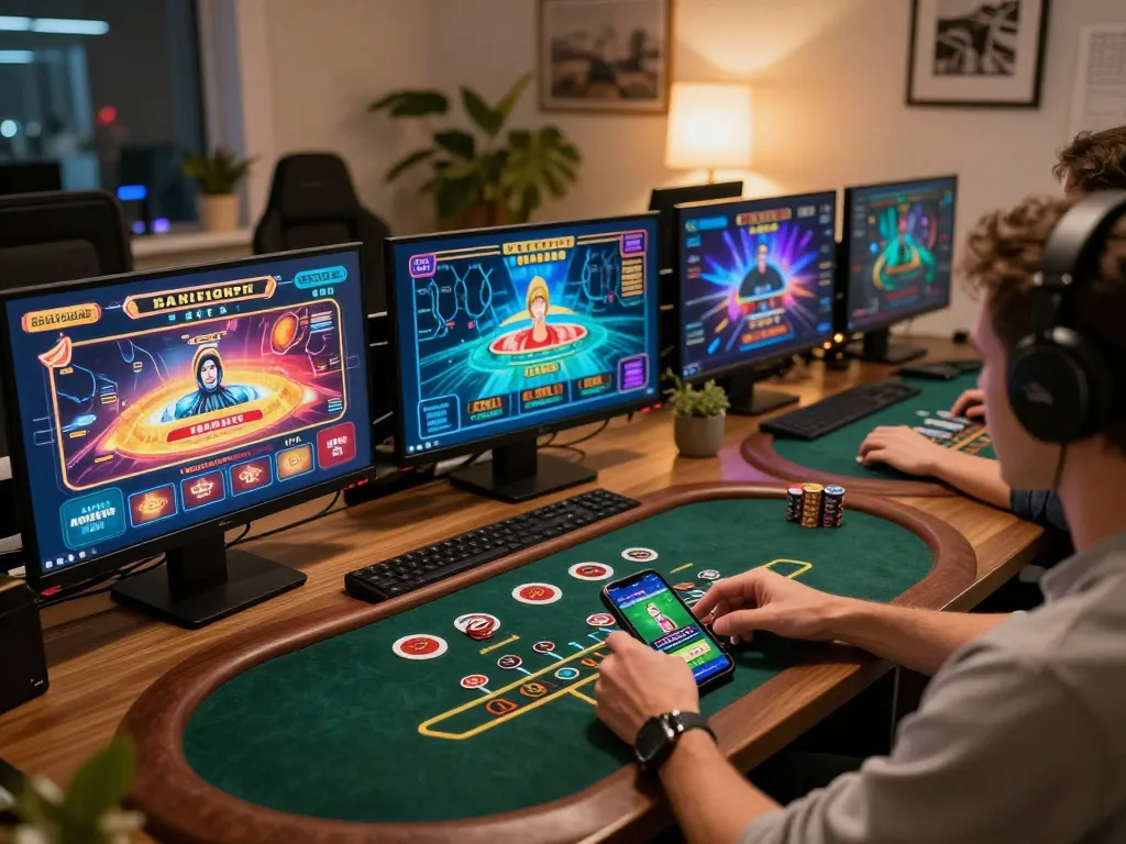 Engage with MM88 in a dynamic online gaming setup featuring multiple casino screens and sports betting apps