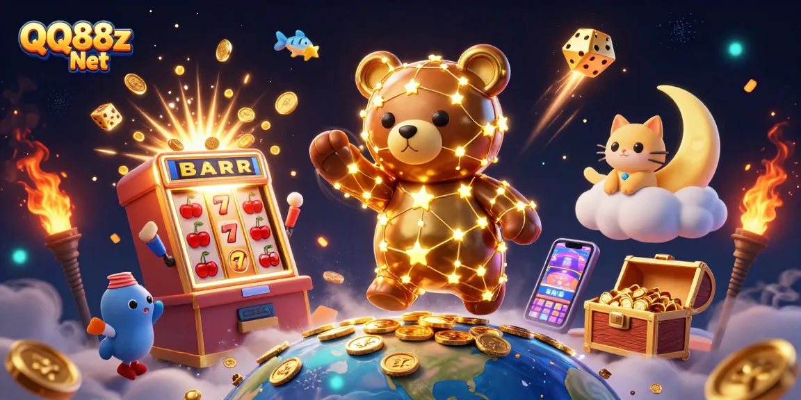 Experience thrilling wins at QQ88z Net with a cosmic-themed online casino illustration featuring dynamic game elements.
