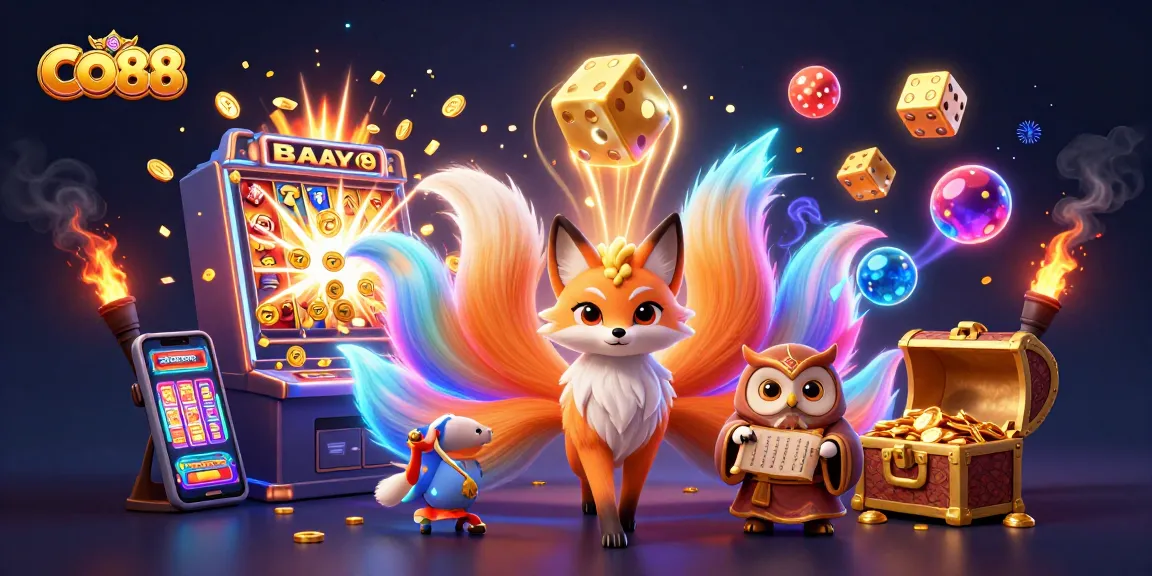 Engage with CO88's vibrant slot machine bonus featuring a nine-tailed fox and mystical elements, enhancing your gaming experience.