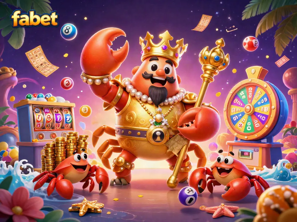 Experience fabet's vibrant gambling world with a golden crab scepter, lottery elements, and dynamic game action.