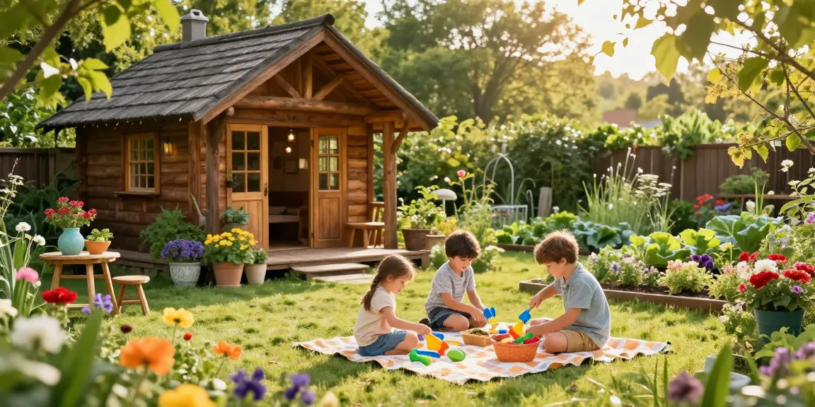 Gemütliches Garten Haus in einer blühenden Umgebung mit spielenden Kindern.