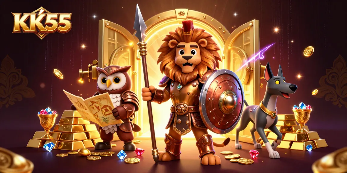 Experience the thrill of KK55 with a vibrant 3D illustration showcasing a Spartan lion and casino treasures.