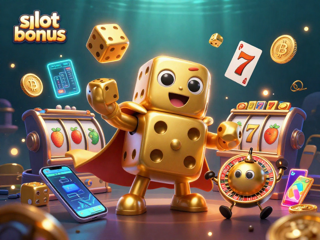 Win slot bonuses with exciting 3D elements, golden dice, and vibrant casino symbols.