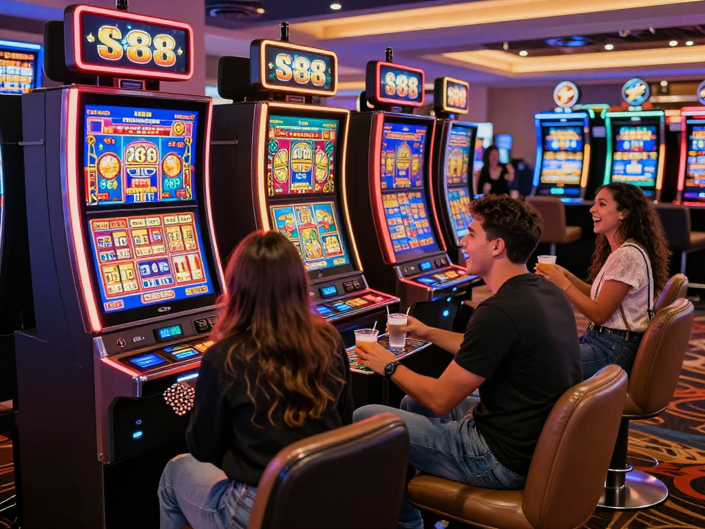 Friends enjoying a lively slot88 gaming experience at a stylish casino.