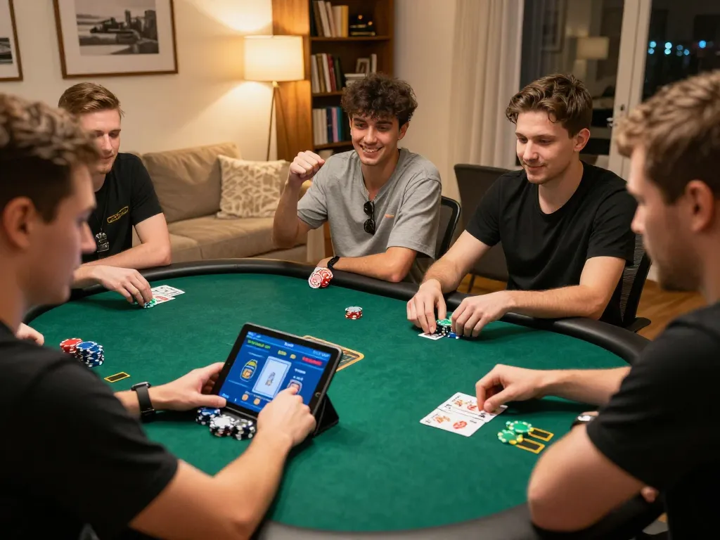 KJC players strategizing in a lively online poker session with friends at home