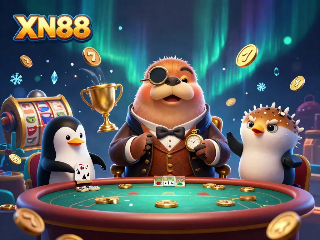 Play and win at XN88 with exciting underwater poker featuring a walrus, penguin dealer, and pufferfish!