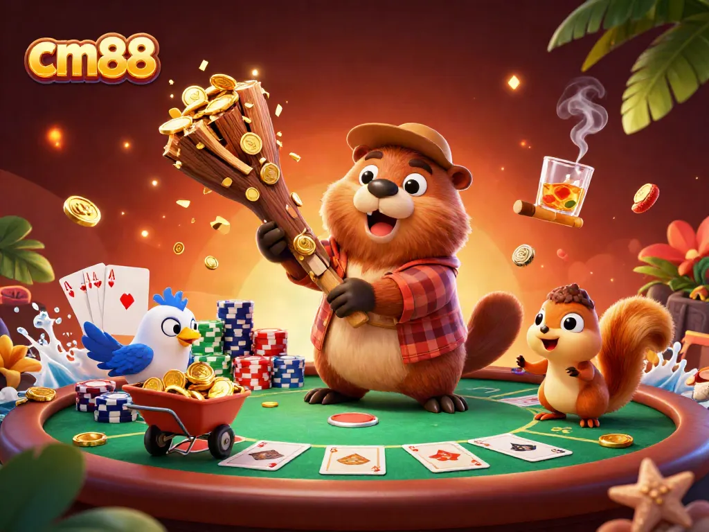 Experience the thrill of cm88 with cartoon characters enjoying poker, gold coins, and vibrant casino elements.