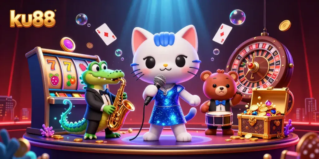 Engage with ku88's vibrant casino scene featuring a jazz-singer cat and dynamic game elements.