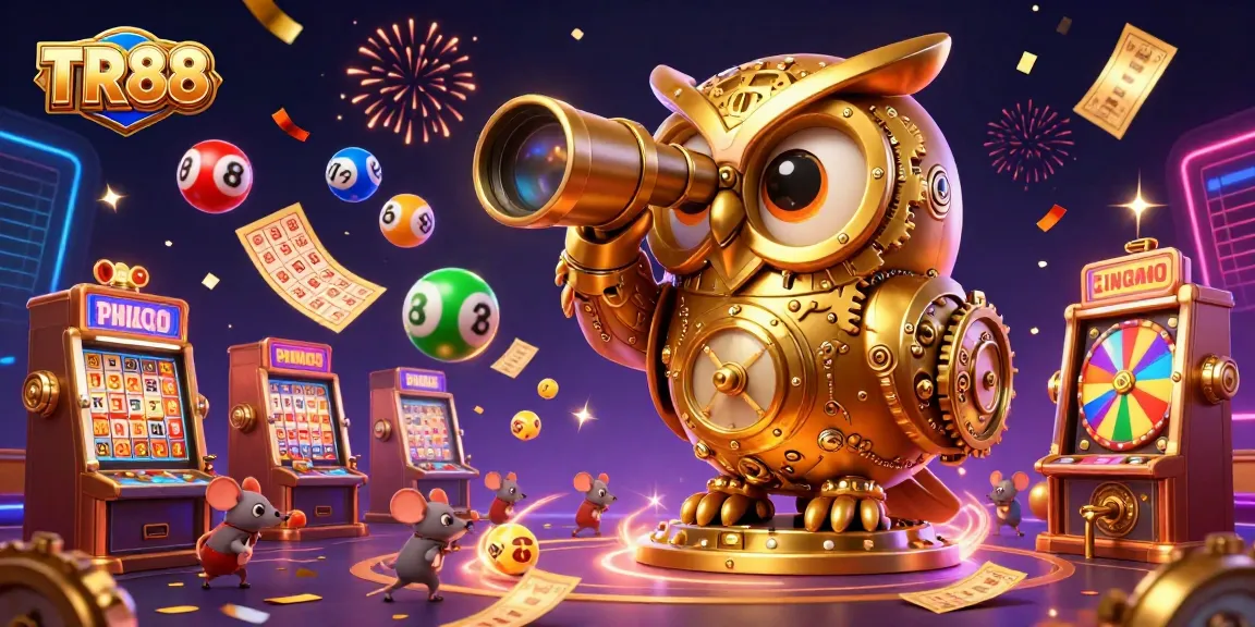 Experience the excitement of TR88 with a vibrant illustration of a golden owl scanning the casino floor for winning opportunities.