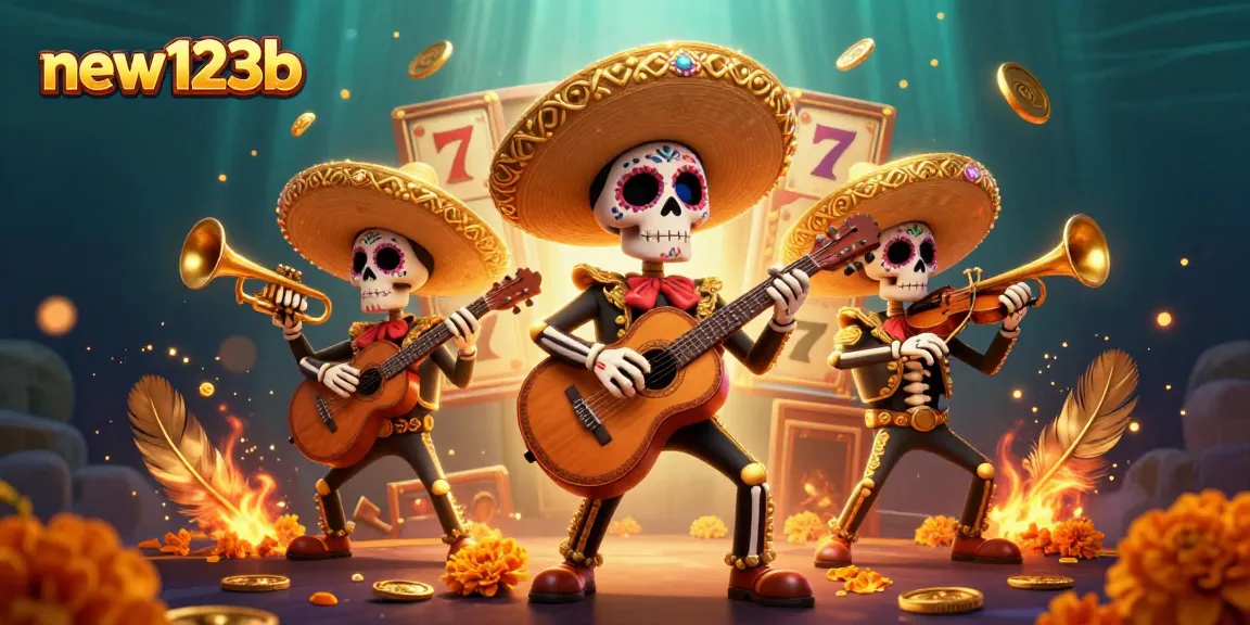 Engage with new123b and experience thrilling casino fun with a dynamic scene of mariachi skeletons and slot reels.