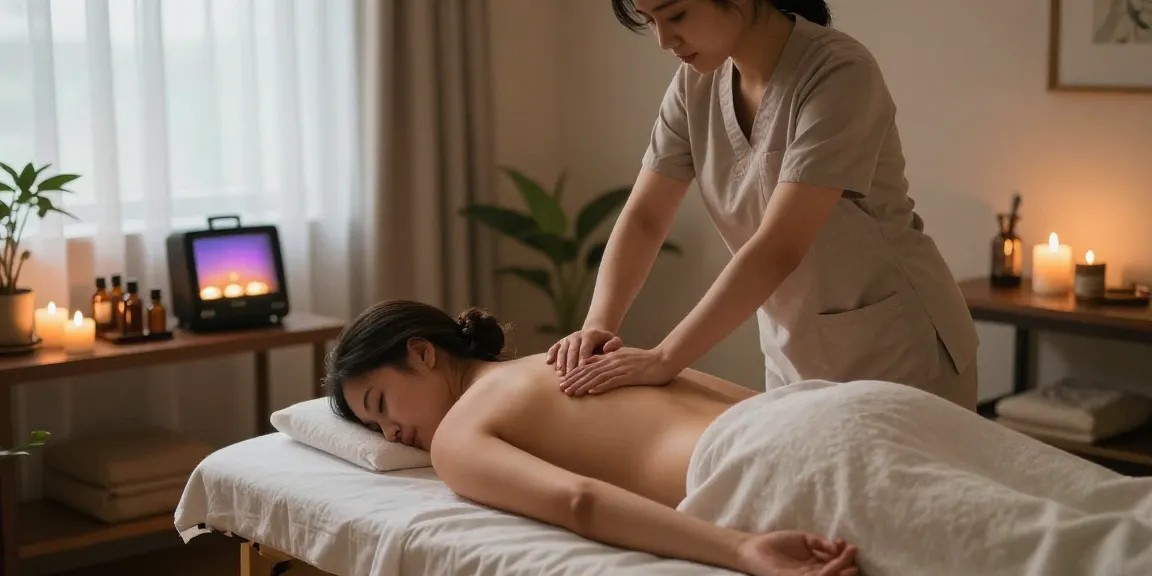 스웨디시 마사지 테라피 공간에서 고객에게 마사지를 진행하는 모습, 아늑한 조명과 아로마 촛불로 편안한 분위기 조성