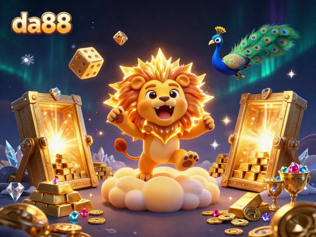 Engage with da88's thrilling online gaming adventure featuring a roaring lion and dynamic casino elements.