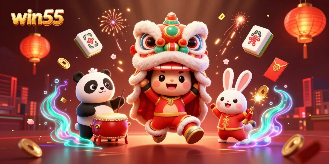 Win55 promotes an exciting casino atmosphere featuring lively characters in a richly detailed scene.