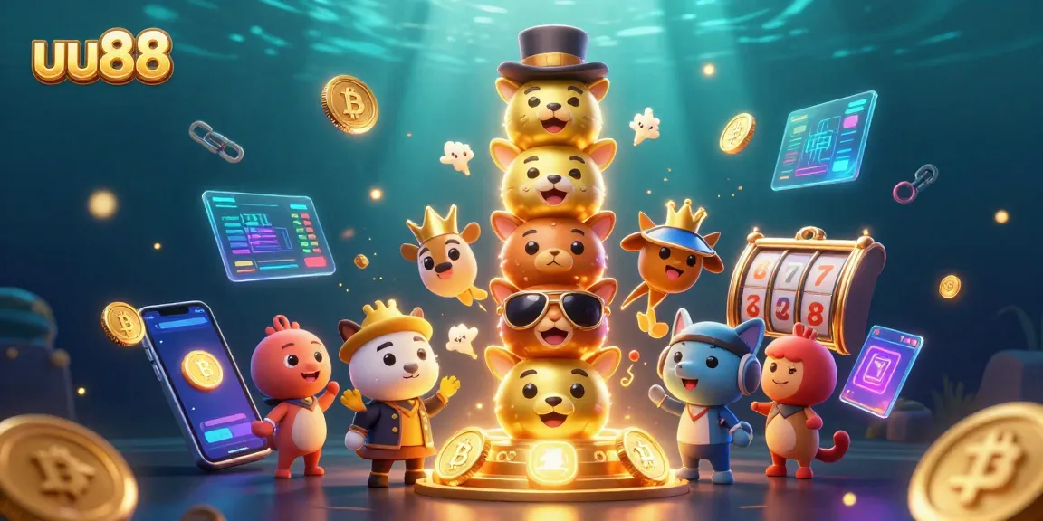Engage with uu88's vibrant slots world featuring a whimsical totem and cryptocurrency elements