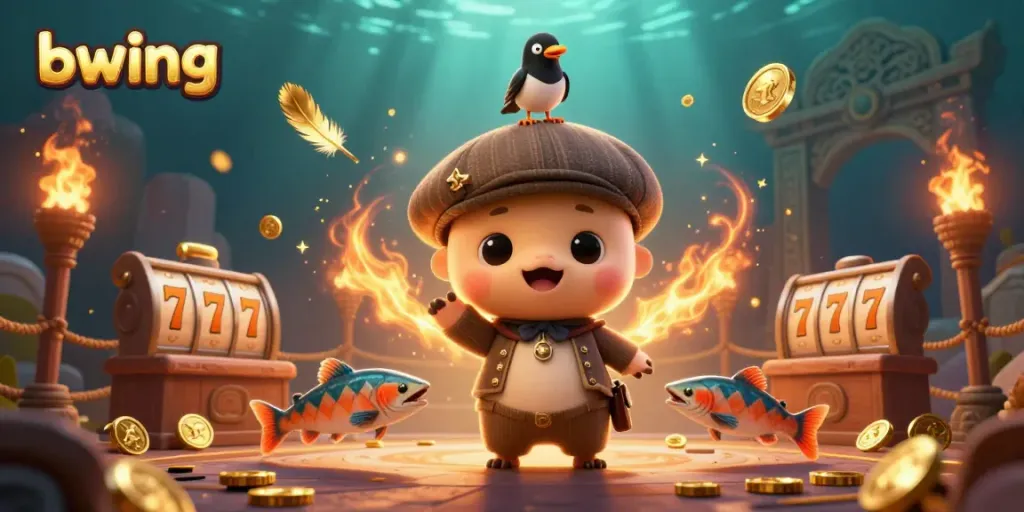 Spin and win at bwing with playful Nessie and dazzling game elements in this vibrant casino illustration.