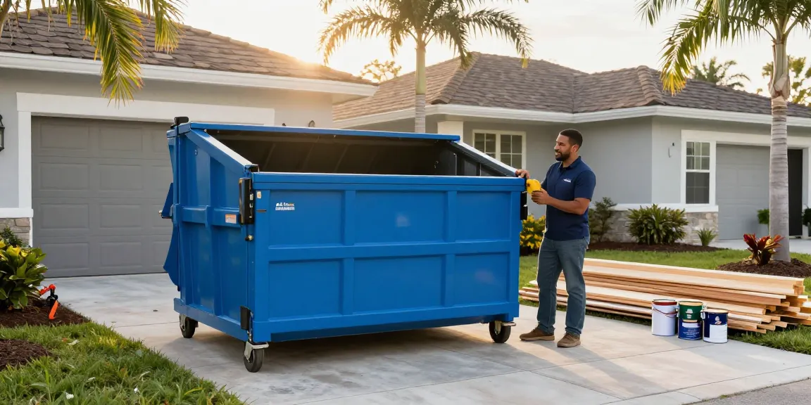 Dumpster rental Pompano Beach FL with All County employee assisting a homeowner outdoors.