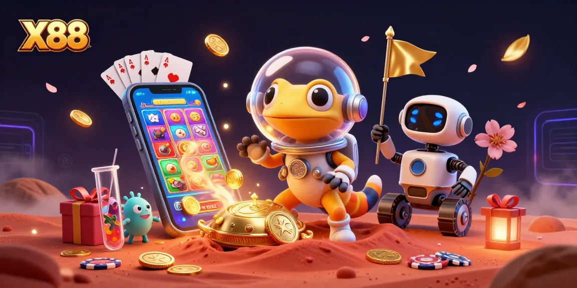 X88 engages in thrilling gaming adventures with a Martian gecko and robot companion at a hidden casino.