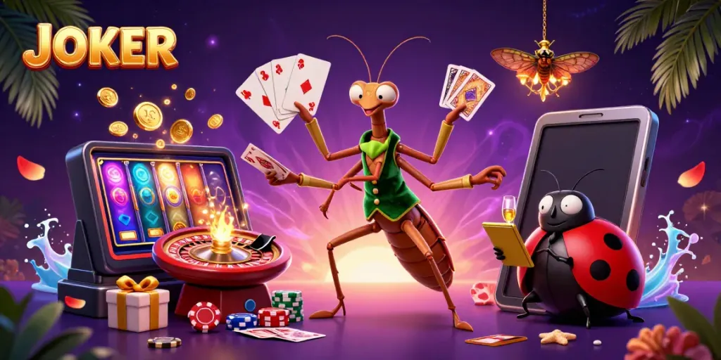 Game scene with JOKER character dealer serving cards and chips in a luxury casino.
