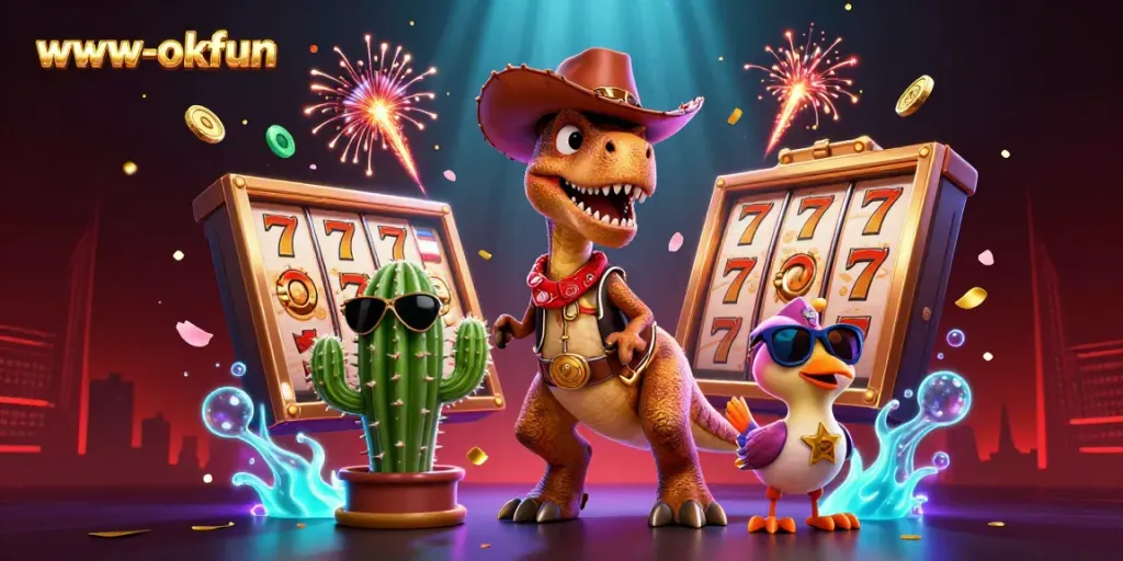 Engage with the vibrant world of www-okfun featuring a T-Rex and friends in a dynamic casino setting.