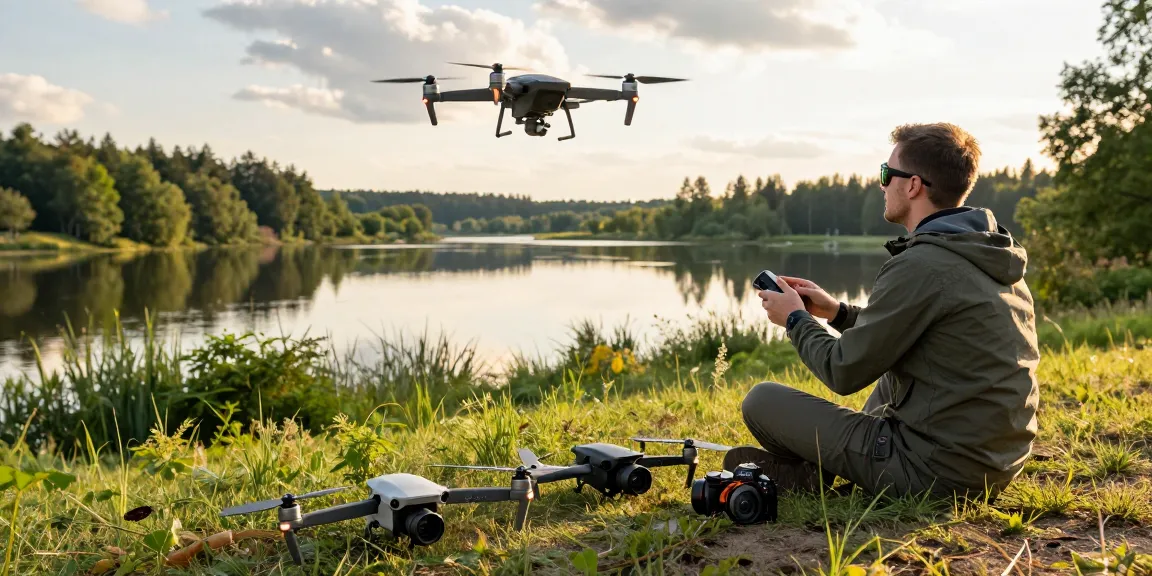 latanie dronem olsztyn, pilot sterujący dronem nad malowniczym jeziorem w Olsztynie