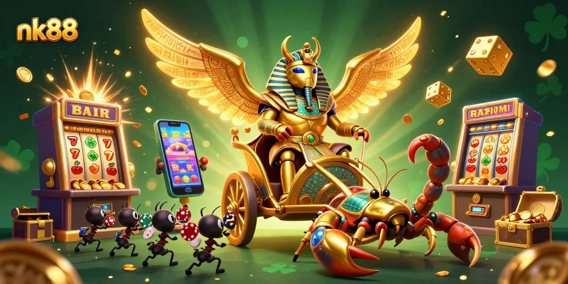 Engage in exciting games and promotions at nk88, featuring vibrant casino elements in a rich 3D illustration.