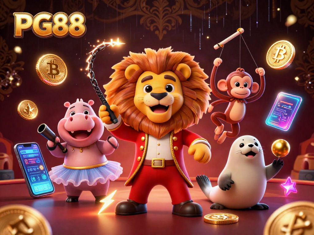 Engage with PG88's vibrant circus-themed illustration of crypto gaming fun with dynamic characters.