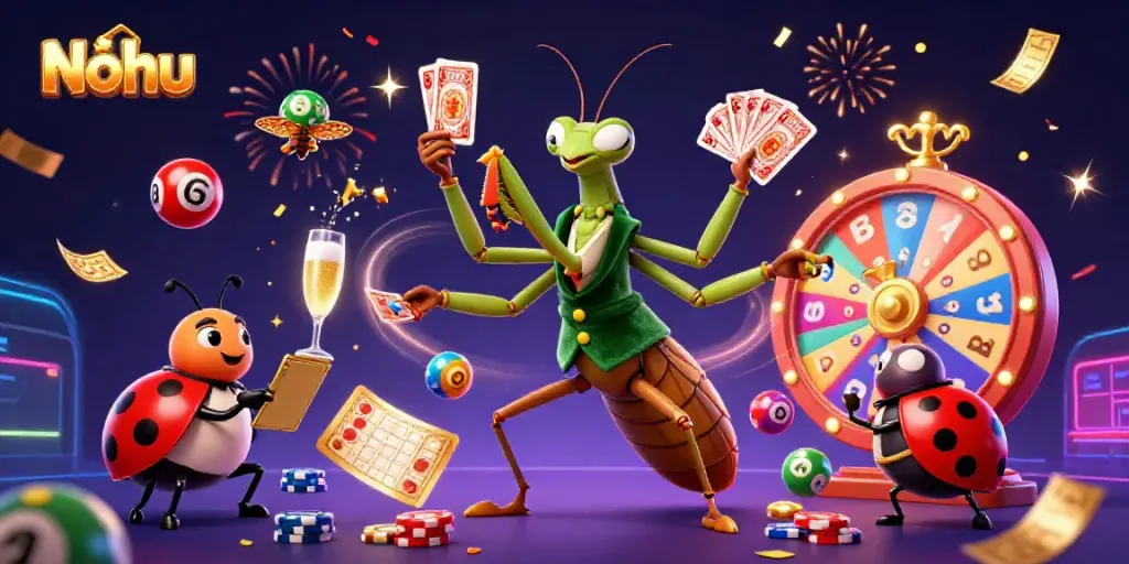 Experience the vibrant world of Nohu with a dynamic 3D illustration of casino action, featuring a mantis dealer and ladybug pit boss.