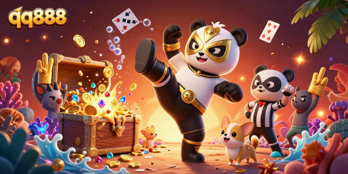 Engage with qq888 by witnessing a thrilling panda wrestler in action, amidst a vibrant casino-themed scene.