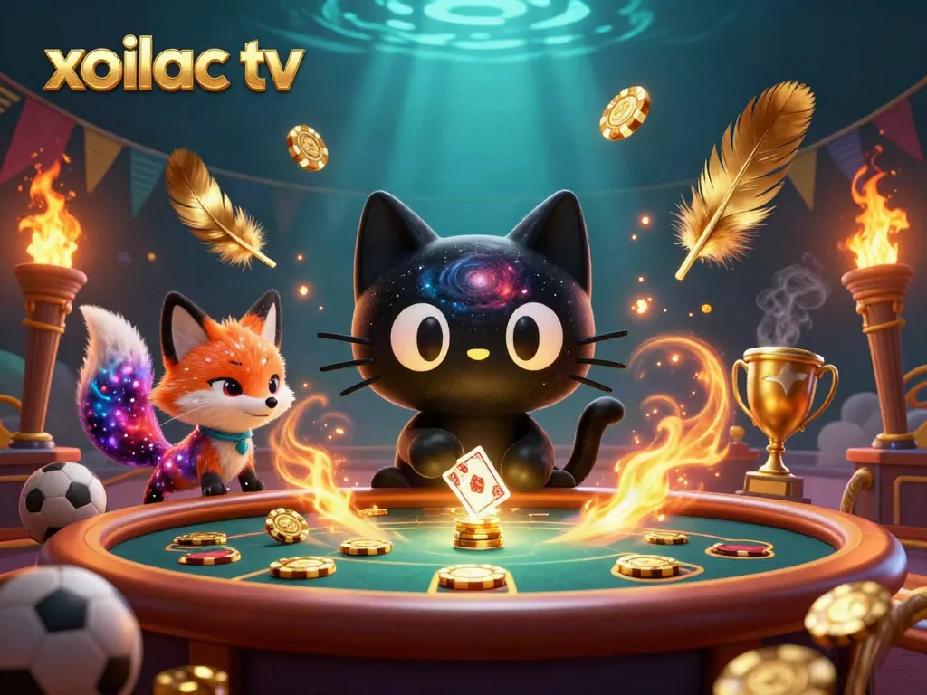 Xoilac TV captures thrilling sports betting action with dynamic cat and fox in a cosmic casino.