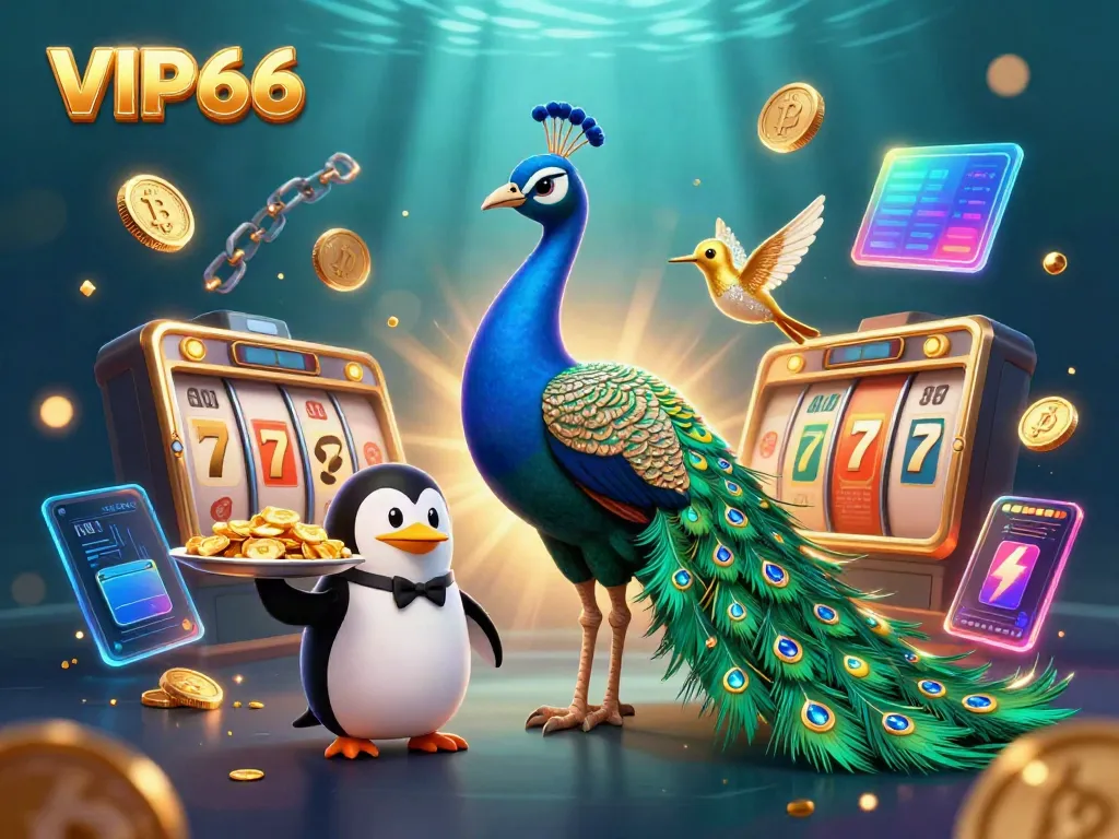 Experience the thrilling world of VIP66 with a 3D peacock, penguin, and hummingbird amidst vibrant casino elements.