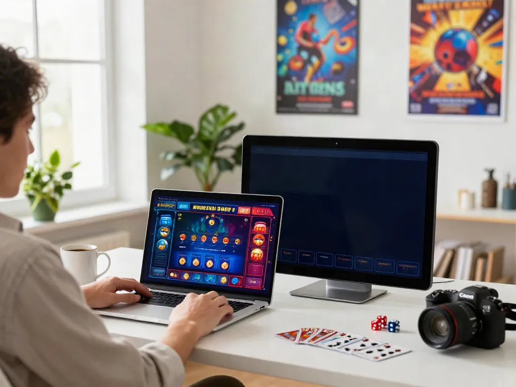 Engaging scene at online credit card casinos with a player enjoying games on a laptop in a vibrant home office.