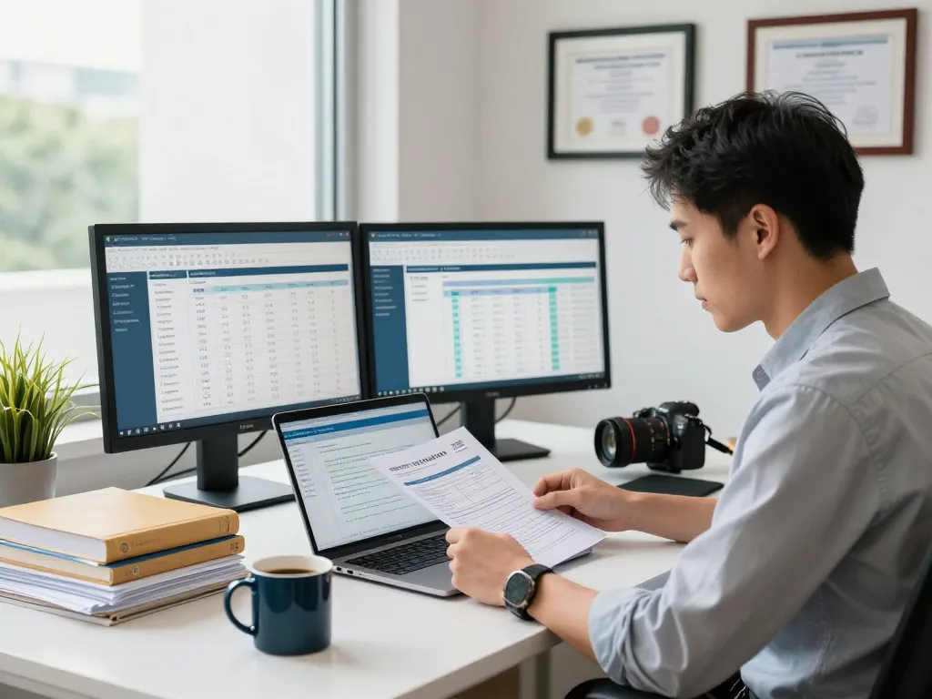 SMSF Accountants reviewing financial documents in a modern office setting, showcasing expertise and professionalism.