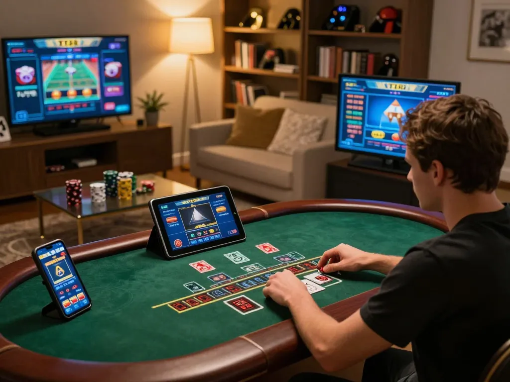 Engaging player at home gaming setup using Trang chủ TT88 for live blackjack, showcasing modern entertainment.