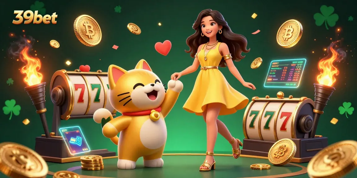 Engage with 39bet's vibrant casino experience featuring Asian woman, lucky cat, and rich gaming elements.