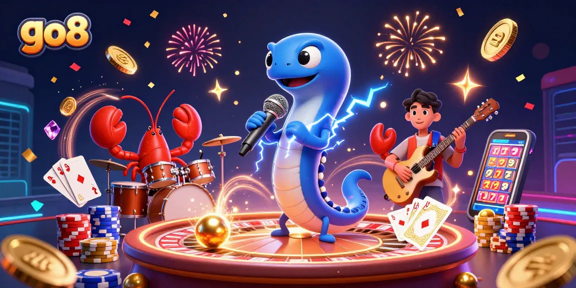 Experience the vibrant go8 gambling world with a lively underwater casino scene full of electric characters and dynamic gaming elements.