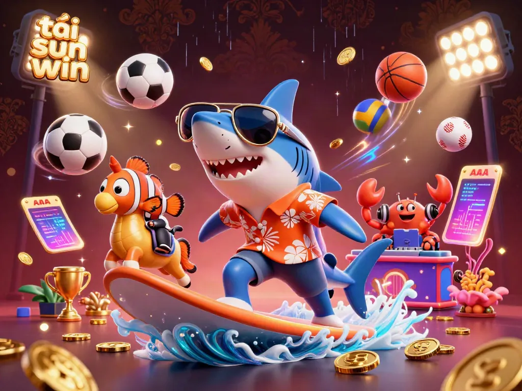 Experience the thrill of tải sun win in a vibrant casino-themed 3D illustration featuring a hammer-head shark and friends.