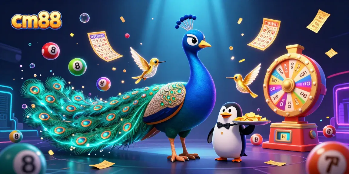 Experience the thrill of cm88 with vibrant lottery games featuring peacock and penguin in a dynamic casino scene.