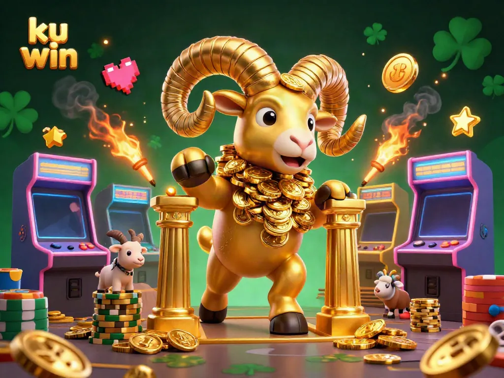 ku win celebrates with golden ram charging through a dynamic casino scene filled with colorful arcade elements and glowing coins.