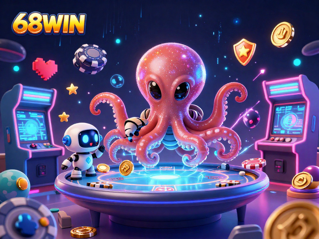 Engage in the colorful universe of 68WIN with an alien octopus at a holographic poker table amidst exciting casino elements.