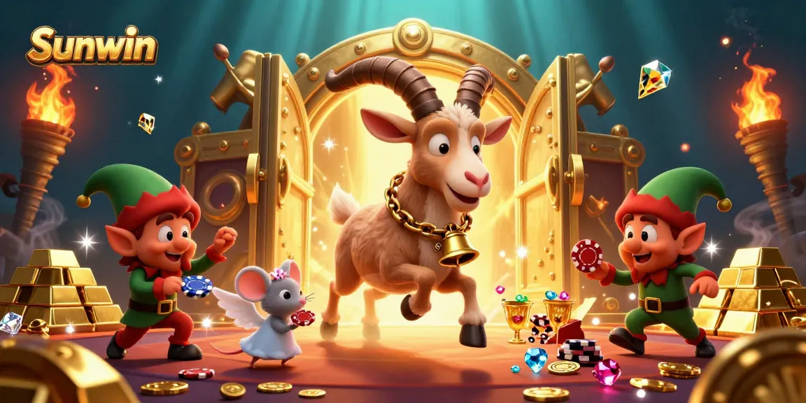 Sunwin offers a lively casino experience with playful characters stealing poker chips amid dazzling treasures.