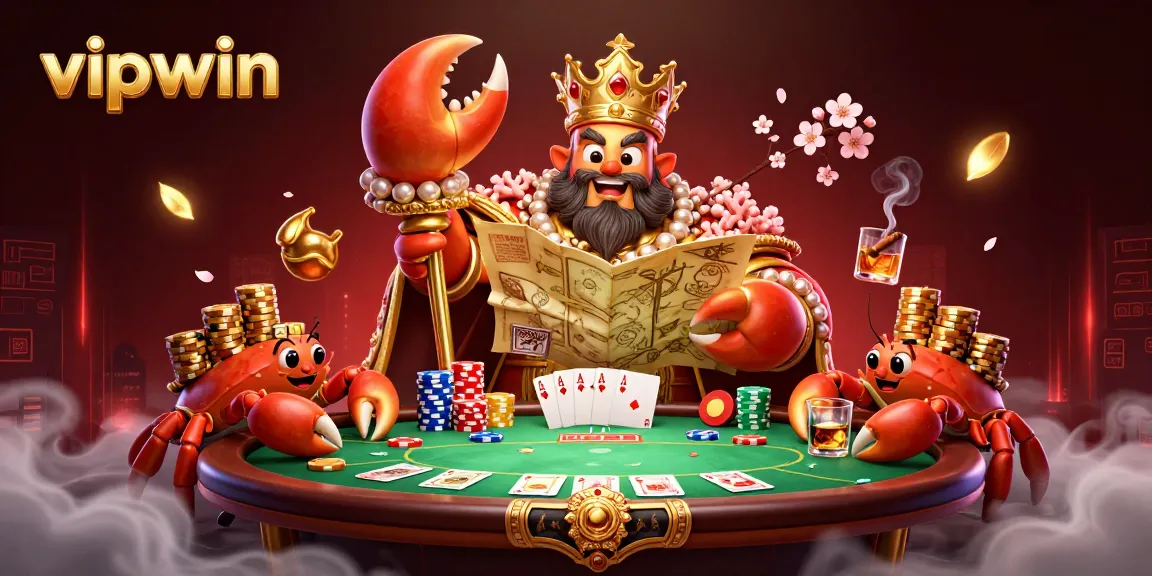Experience winning strategies at vipwin with a dynamic casino scene featuring a majestic crab emperor and vibrant game elements.